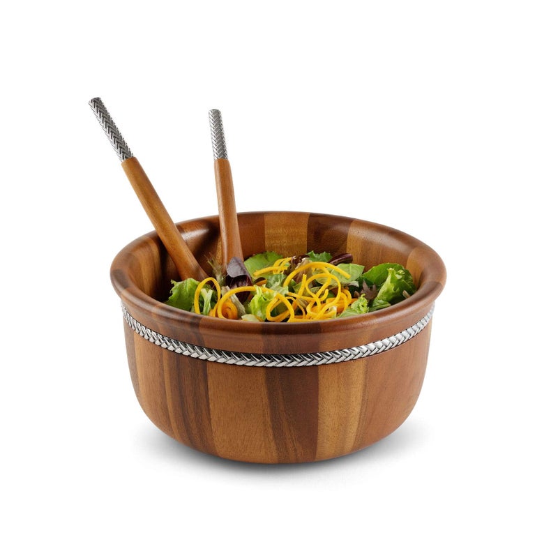 Nambe Braid Round Salad Bowl with Servers - 11â€ Acacia Wood Bowl with Chrome Plated Handles, Decorative Serving Utensil Set for Family Dinners, Parties & Entertaining - Multipurpose Kitchen Essential - Image 2